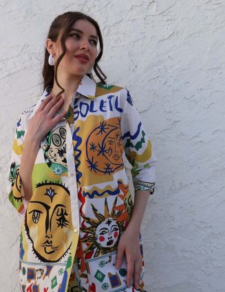 Abstract Printed Regular Sleeves Linen Shirt Style Top