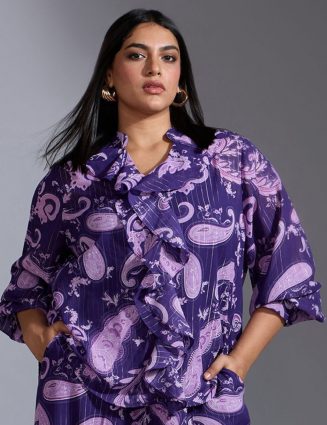 Paisley Printed Ruffled Chiffon Plus Size Shirt Style Top
