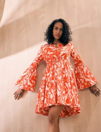 Women Tropical Print Bell Sleeve Fit & Flare Boho Mini Dress