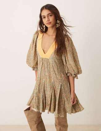 Free People Ditsy Floral Puff Sleeve Boho Mini Dress in Green