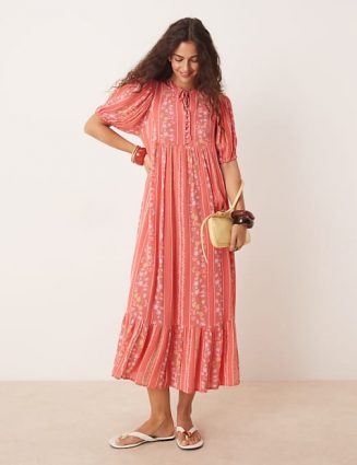 AS Festival Boho Puff Sleeve Maxi Dress in Coral Floral Stripe