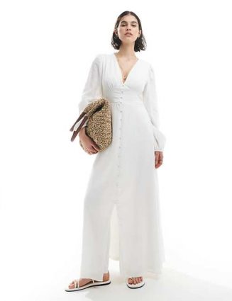 White Boho Maxi Dress with Crinkle Cotton & Blouson Sleeves