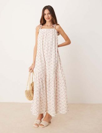 YAS Tie Shoulder Boho Smock Maxi Dress in Ditsy Pink Floral Print