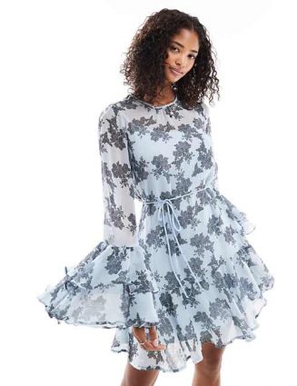 Blue Floral Boho Mini Dress with Chiffon Ruffle Sleeves