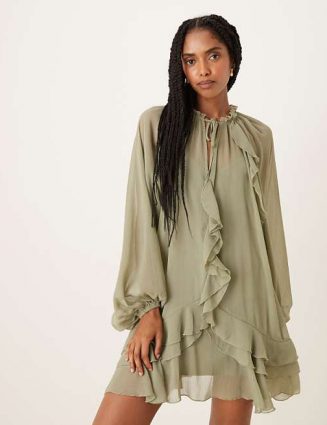 Sage Green Boho Ruffle Chiffon Mini Dress