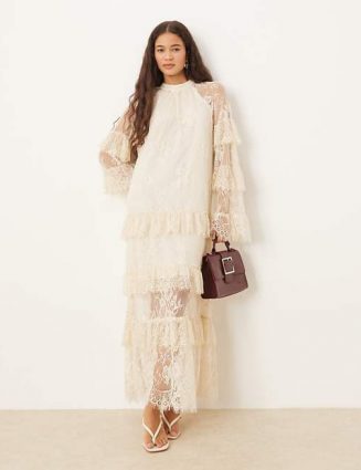 YAS Boho Sheer Lace Tiered Maxi Dress in Cream