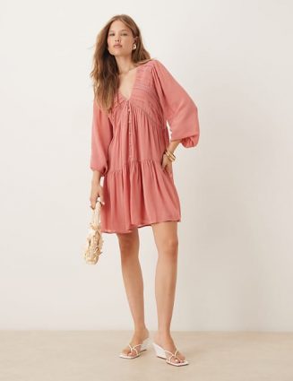 Nobody's Child Marley V-Neck Mini Boho Dress in Dusky Pink