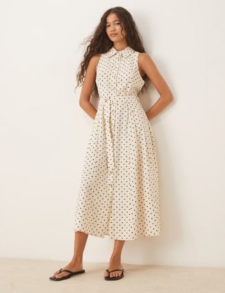 Mango Sleeveless Midi Shirt Boho Dress in Black & White Polka Dot