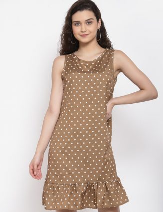 Women Brown & White Polka Dot Drop-Waist Chic Dress