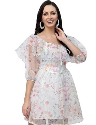 Organza Cape Frill Mini Dress with Puff Sleeves