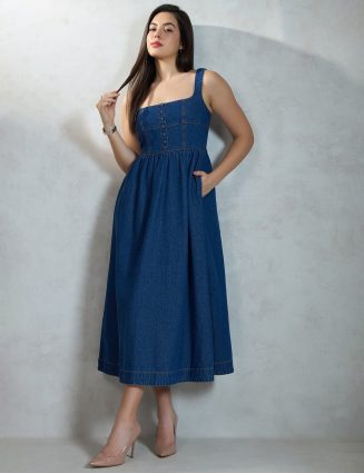 Pure Cotton Denim Flared Chic Midi Dress