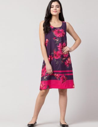 Purple Floral Crepe A-Line Chic Dress
