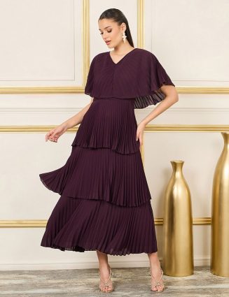 Purple V-Neck Pleated Cape Sleeves Layered Maxi Dress